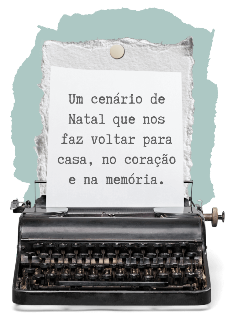 Detalhe das memórias e objetos antigos no cenário O Escritório do Pai Natal.